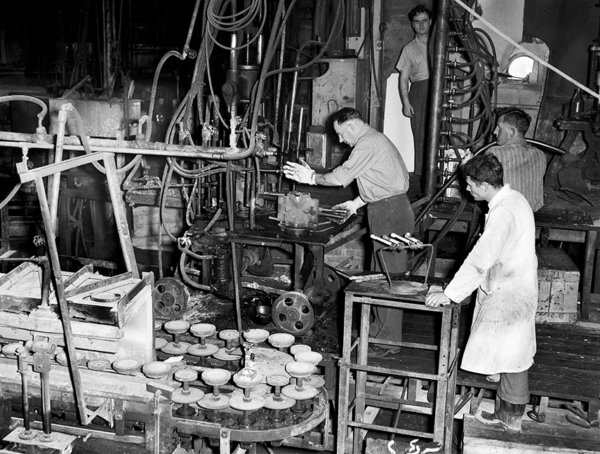 Using the press, Crown Crystal Glass Works, Christchurch